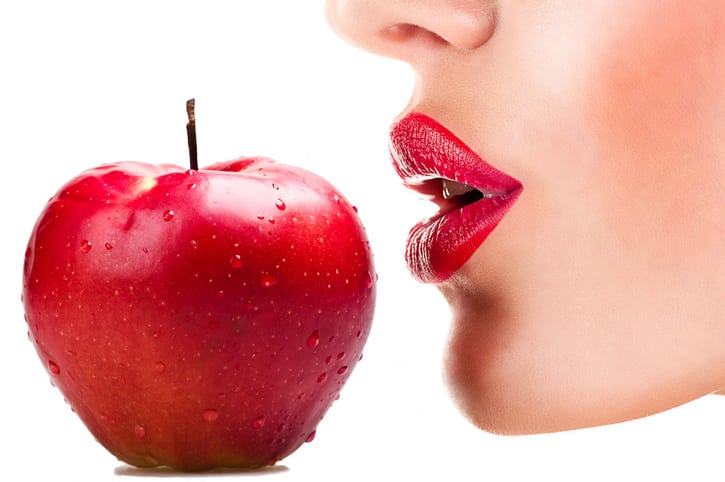 Stem-A Hyaluronic Acid Serum - woman eating red apple, red lips on white background