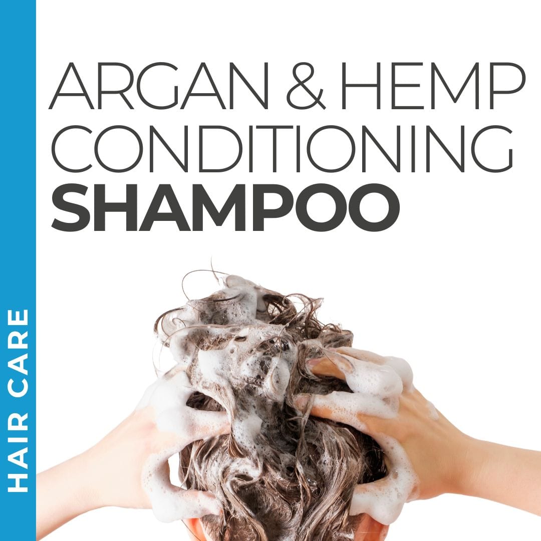 Pravada Private Label Argan & Hemp Conditioning Shampoo samples, infused with argan and hemp for deep conditioning.