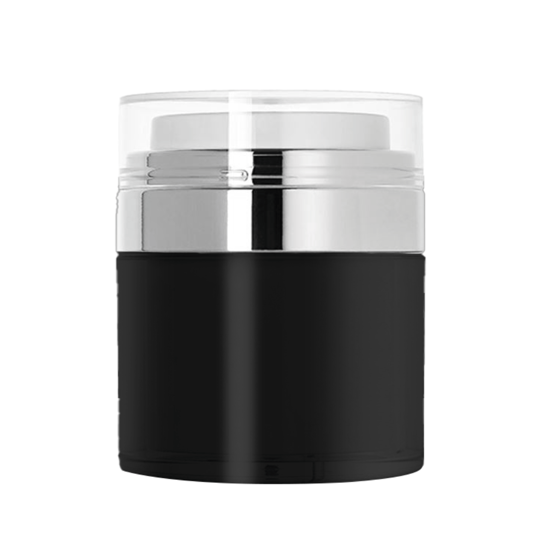 Black airless jar sample for private label formulations, designed for an elegant and hygienic packaging option.