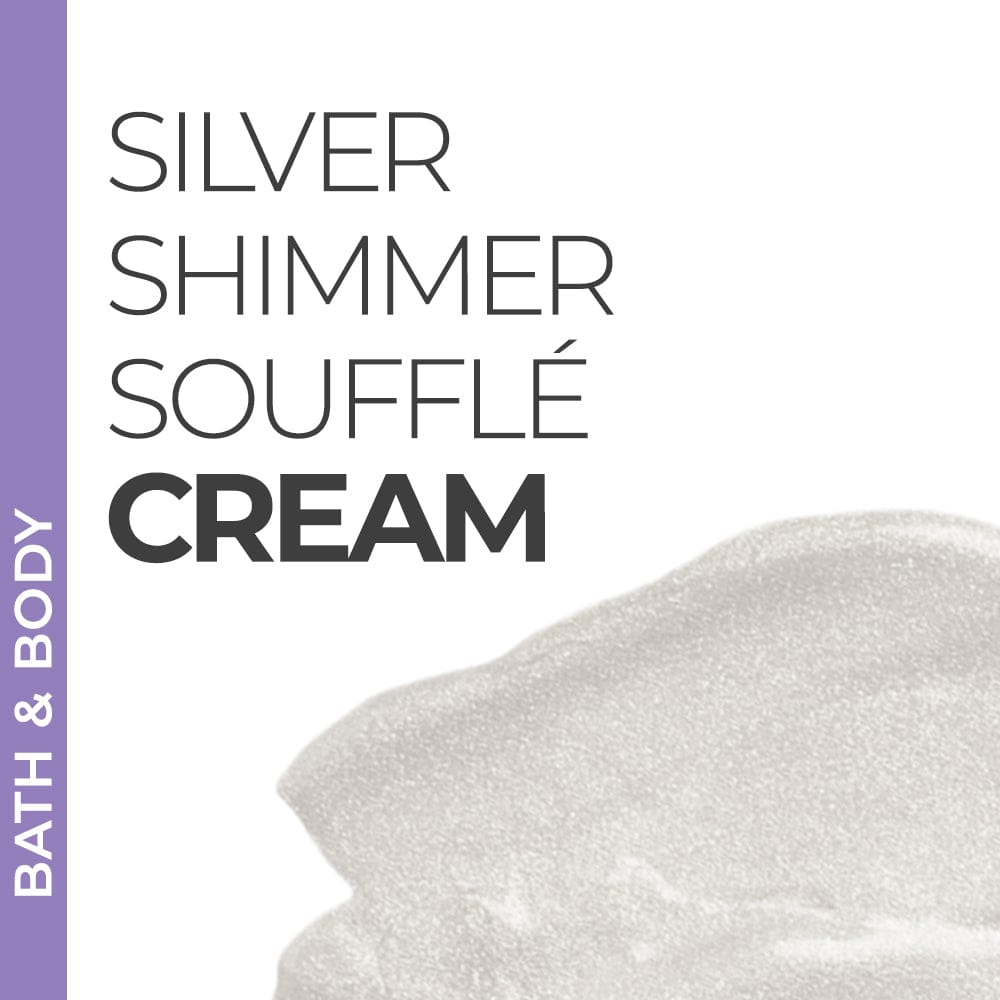 Pravada Private Label Silver Shimmer Souffle Cream samples, luxurious body cream with a silver shimmer for glowing skin.